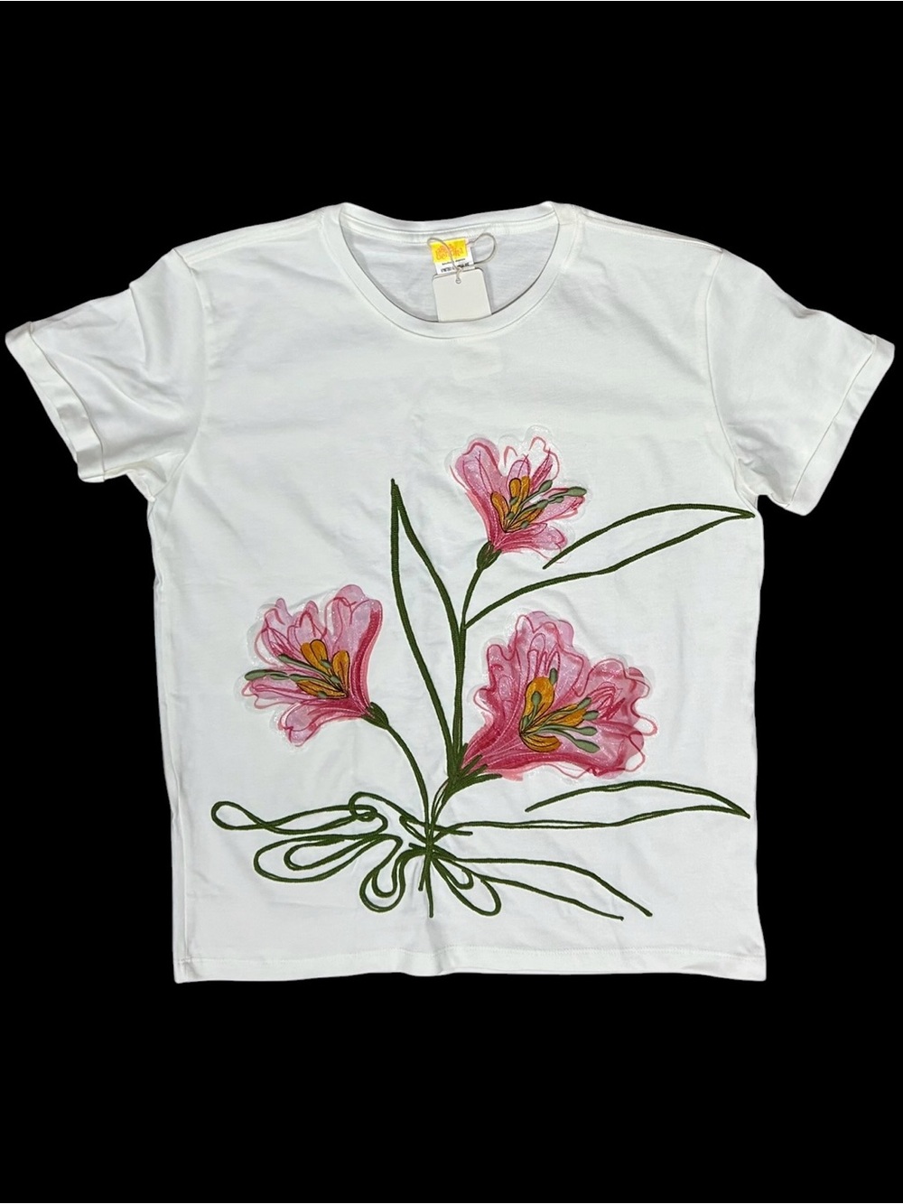 Agua Bendita Sz M T-shirt Gea Chroma White Pink Floral Embroidered Appliqué Top - Picture 4 of 9